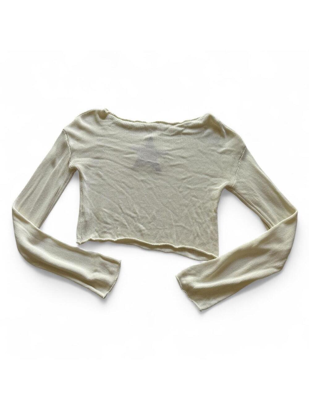 Y2K Star Detail Cropped Cotton Sweater Rolled Hem Women's L Beige Kawaii Grunge - Picture 4 of 5